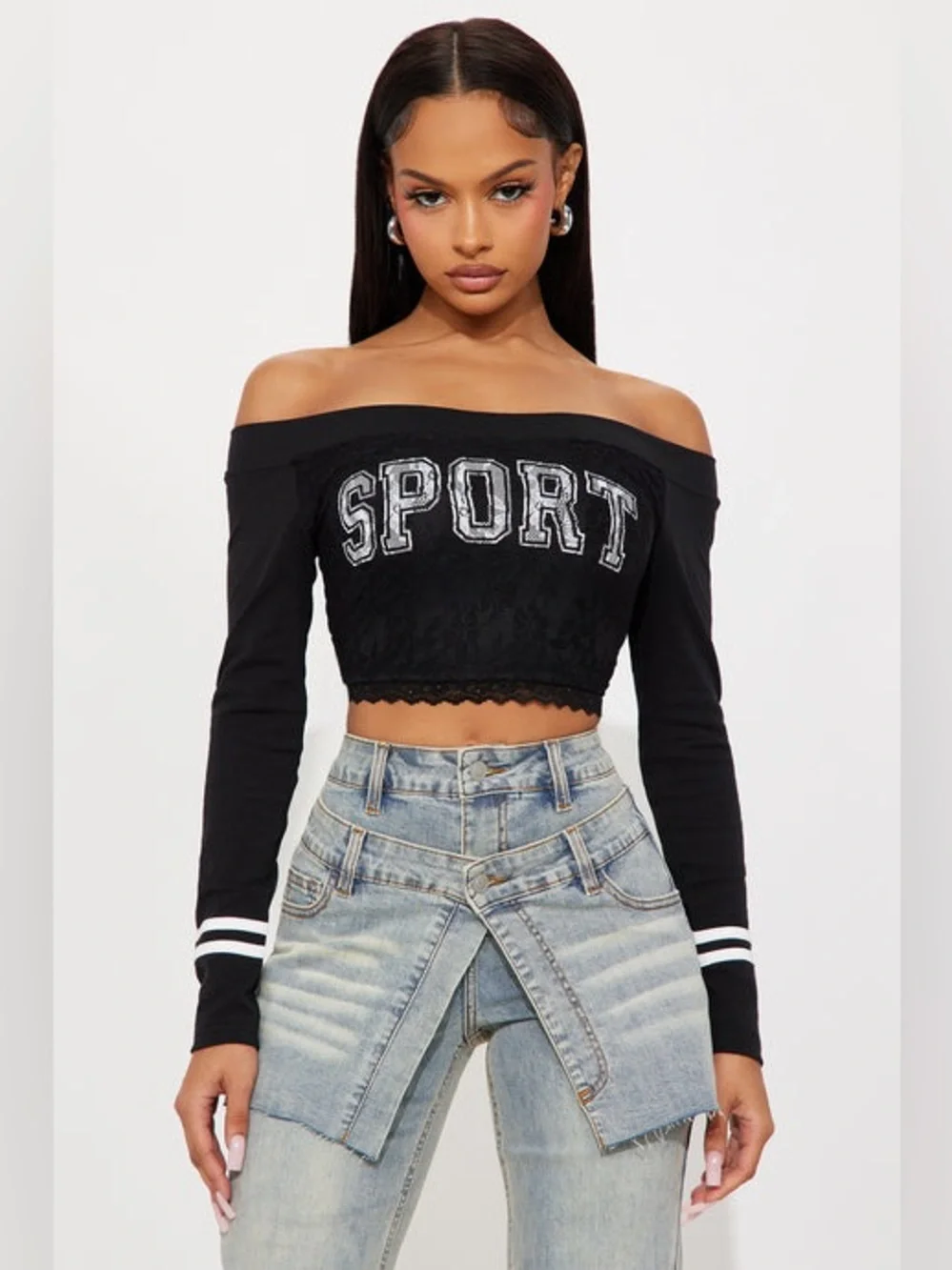 Sporty Gal Off Shoulder crop Top Black lace detail